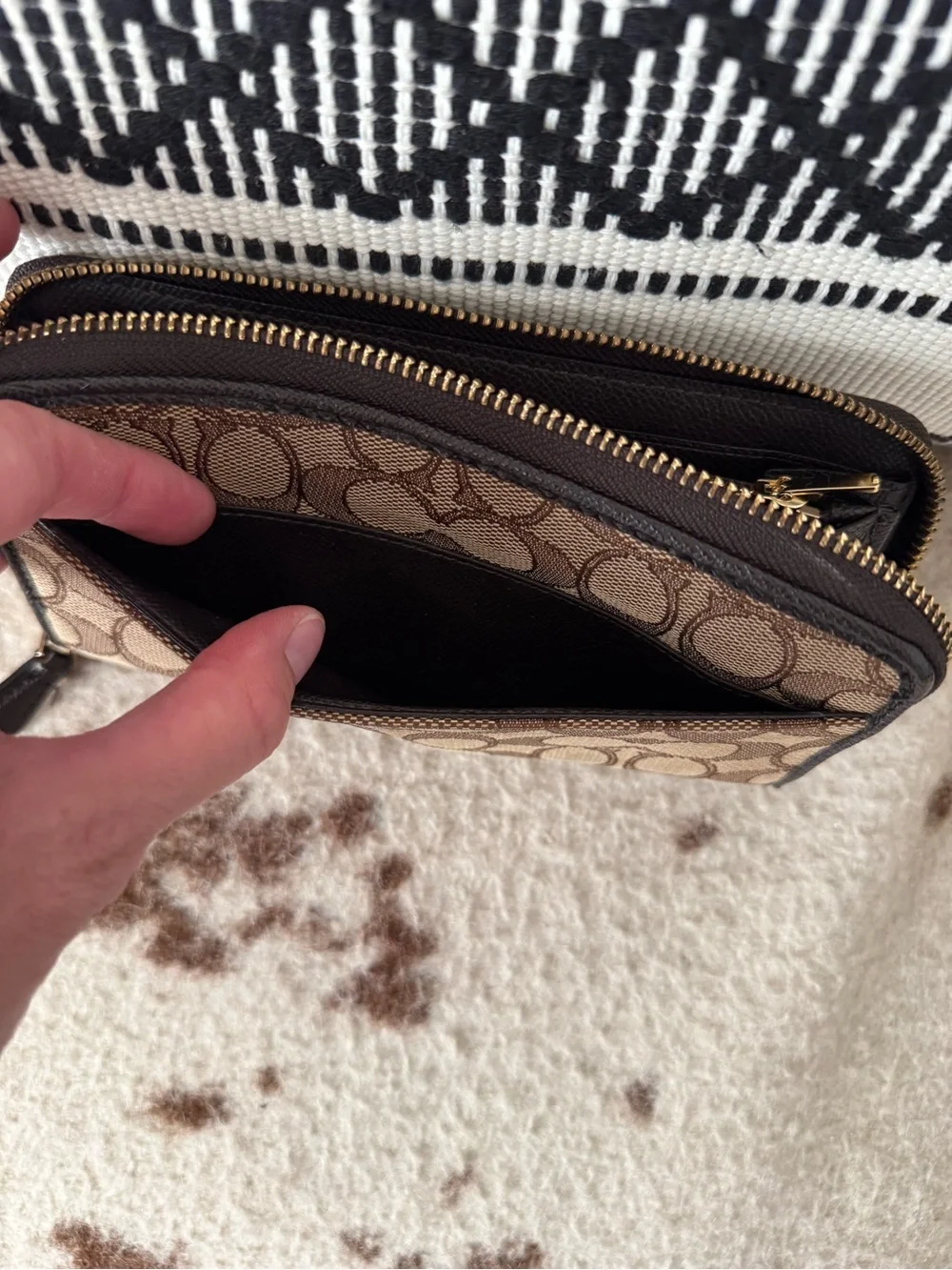 Coach Brown Signature Canvas Zip Around Card Holder with Gold Logo